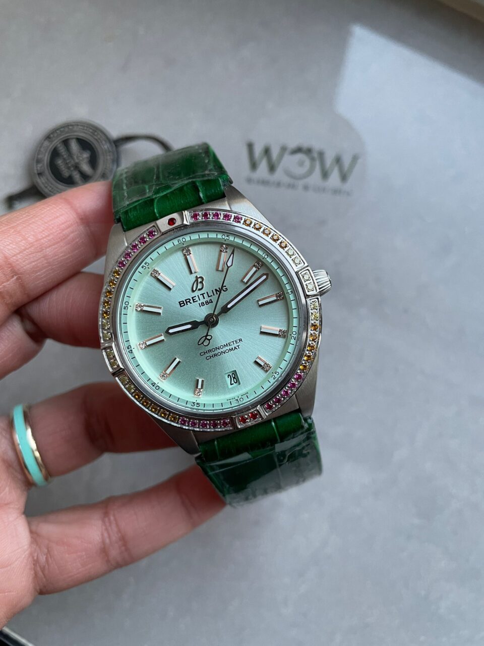 GF Factory 1:1 Breitling Chronomat 36mm u77310591u1 Green Leather strap Light Green dial A7750