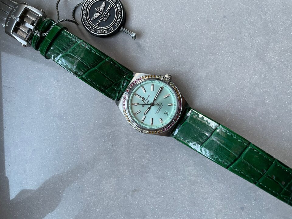 GF Factory 1:1 Breitling Chronomat 36mm u77310591u1 Green Leather strap Light Green dial A7750