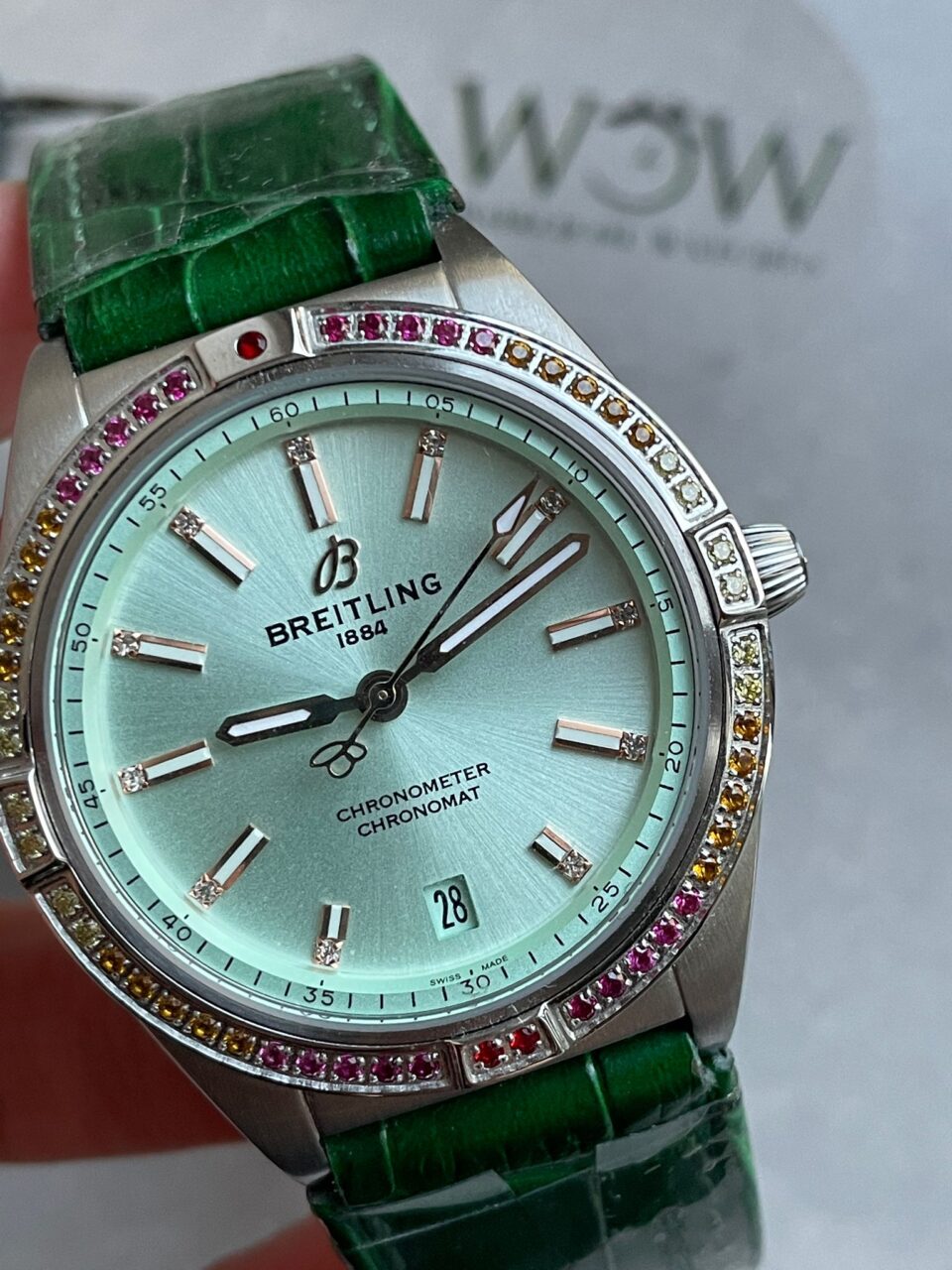 GF Factory 1:1 Breitling Chronomat 36mm u77310591u1 Green Leather strap Light Green dial A7750