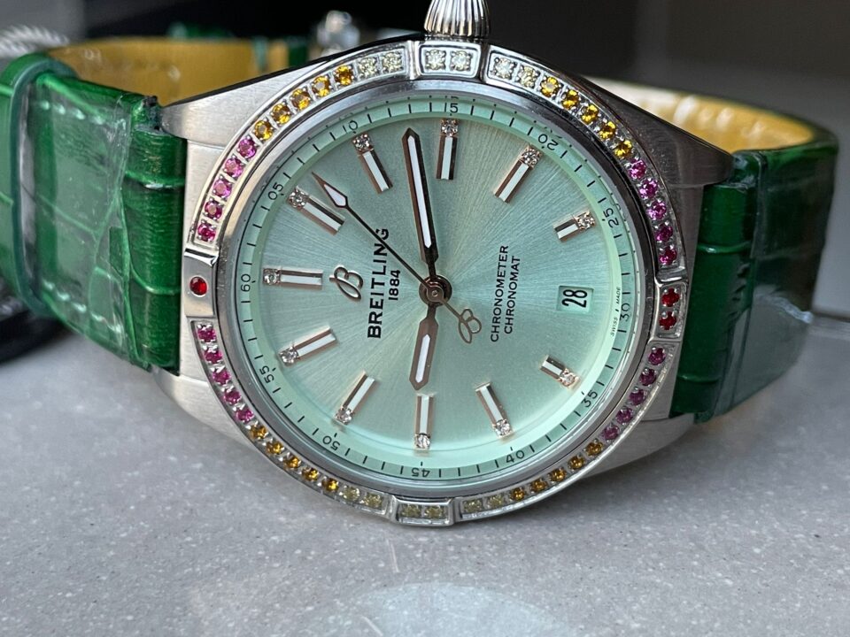 GF Factory 1:1 Breitling Chronomat 36mm u77310591u1 Green Leather strap Light Green dial A7750