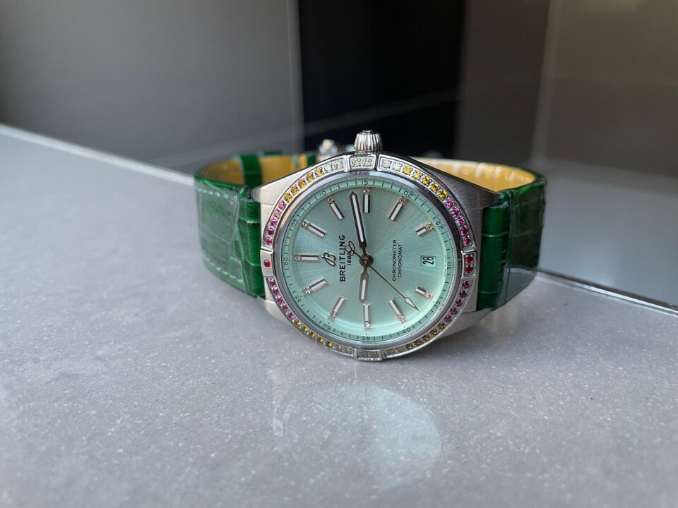 GF Factory 1:1 Breitling Chronomat 36mm u77310591u1 Green Leather strap Light Green dial A7750