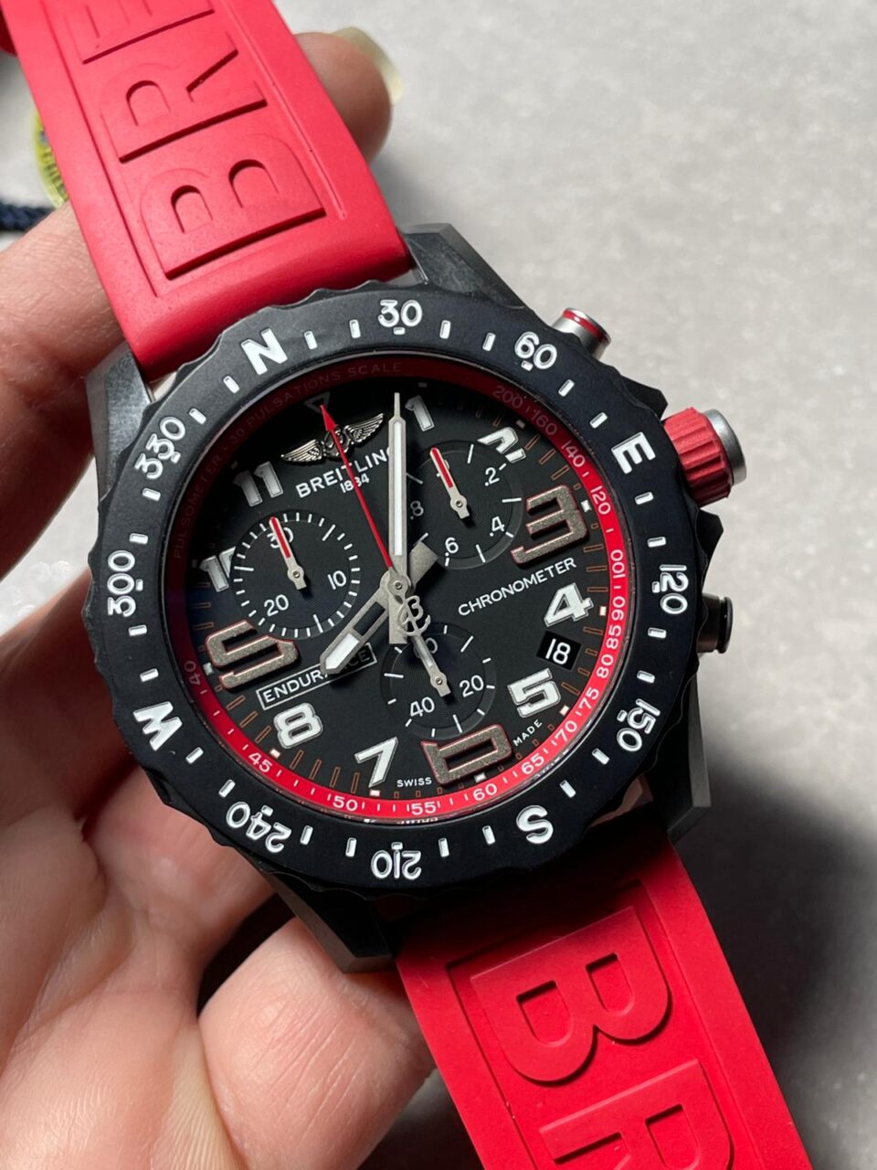 OGF Factory 1:1 Breitling Endurance pro 44mm Black dial Red Rubber Strap quartz movement