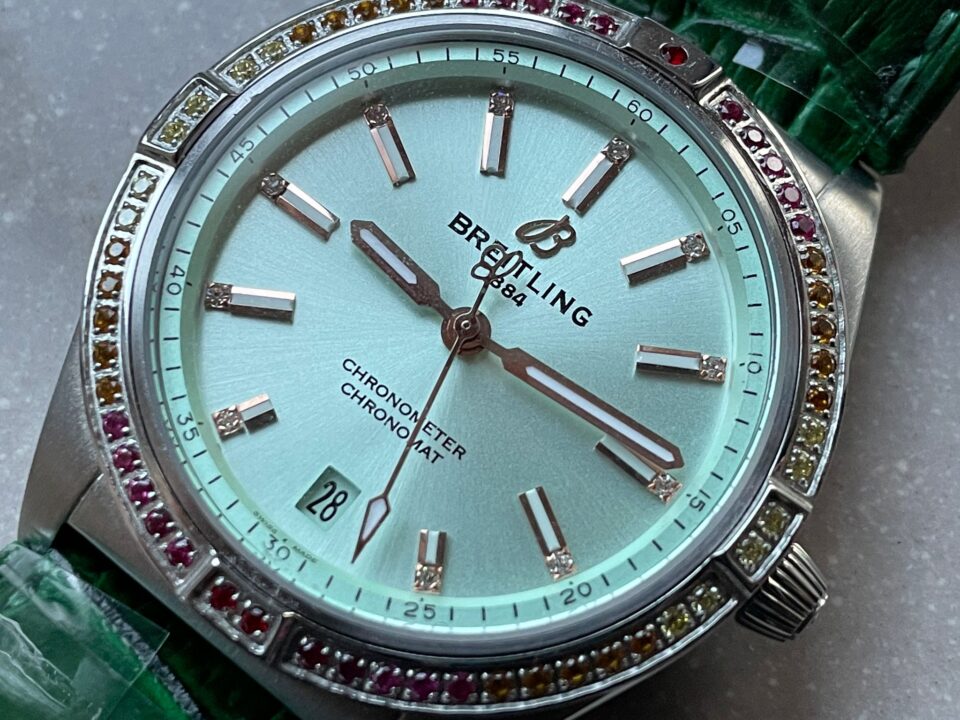 GF Factory 1:1 Breitling Chronomat 36mm u77310591u1 Green Leather strap Light Green dial A7750