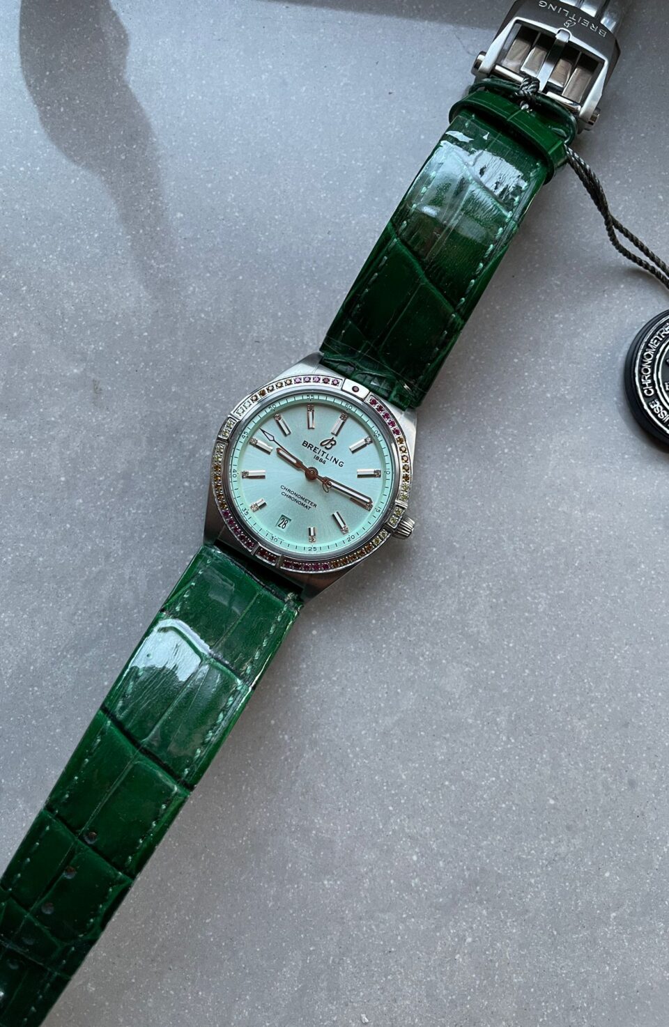 GF Factory 1:1 Breitling Chronomat 36mm u77310591u1 Green Leather strap Light Green dial A7750