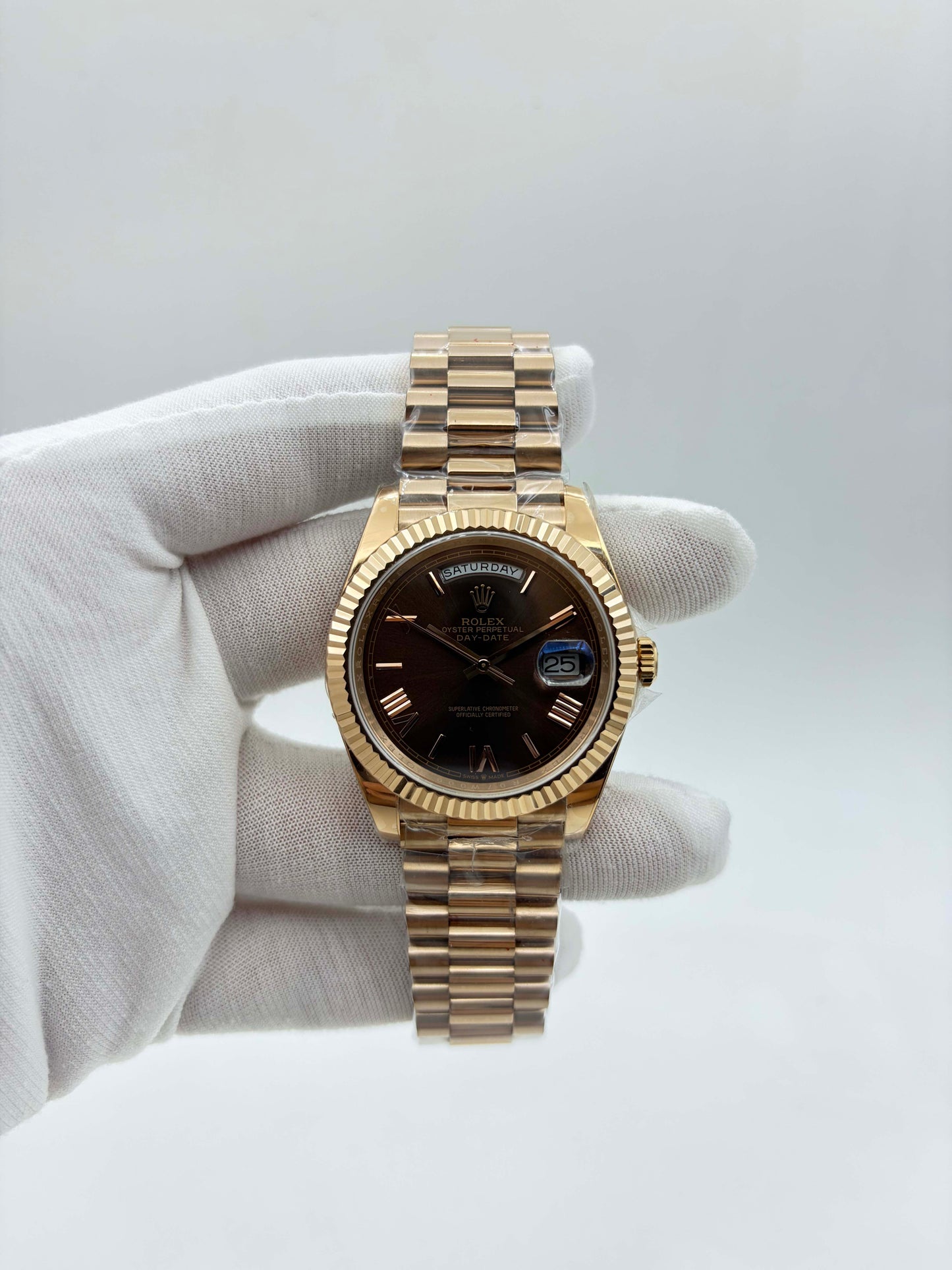 GMF Factory 1:1 Rolex Day-Date 40mm 228235 904L RG Fluted Bezel Rose Gold Dial